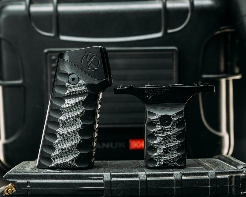 HFB x Kinetic AR Grip System SET - Black Canvas Micarta & Black G10, Anodized Black Frames, Snake Textured Grip