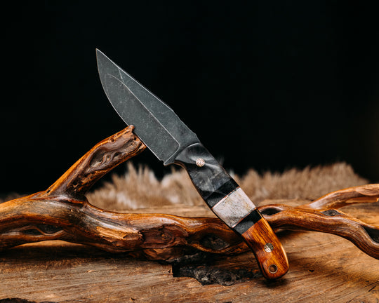 Crow Jr (Compound Grind)- Dyed Maple, Black Canvas Micarta, Copper, Aluminum and Elk antler Split, Desert Ironwood, Mosaic Pins, Brass Lanyard Pin, Textured Grip