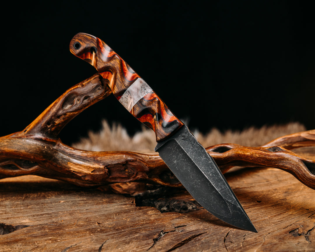 Crow Jr (Compound Grind)- Desert Ironwood Over Blue G10 Over Dyed Amboyna Burl Over Desert Ironwood, Elk Antler Split, CF Pins, CF Lanyard Pin, Textured Grip
