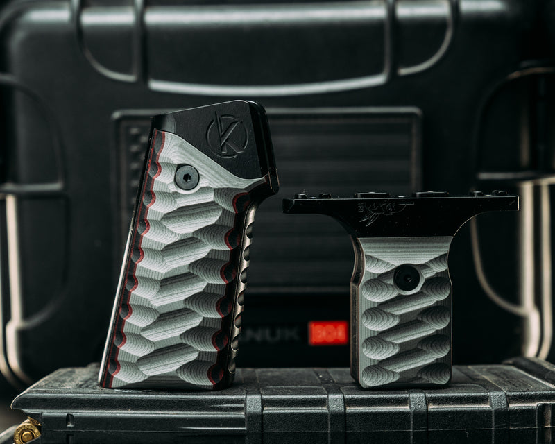 HFB x Kinetic AR Grip System SET - Gray, Crimson & Black G10, Anodized Black Frames, Snake Textured Grip