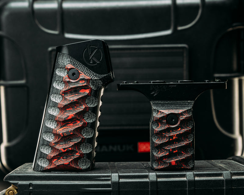 HFB x Kinetic AR Grip System SET - Lava Flow FAT Carbon on Black Canvas Micarta, Anodized Black Frames, Snake Textured Grip