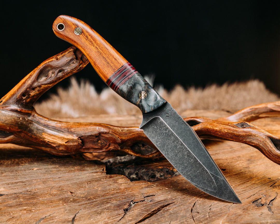 Crow Jr (Compound Grind)- Dyed Black Ash, American Flag Canvas Micarta Split, Desert Ironwood, Mosaic Pins, Brass Lanyard Pin, Textured Split