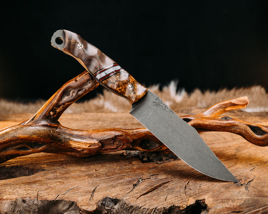 Crow Scout- Amboyna Burl, Black G10, Copper and Cherry G10 Pin Striping, Wild Horse Jasper Recon Stone Split, Redwood, Mosaic Pins, Textured Grip