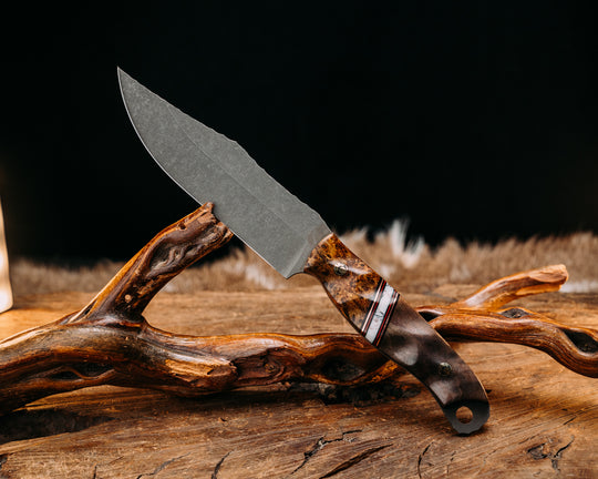 Crow Scout- Amboyna Burl, Black G10, Copper and Cherry G10 Pin Striping, Wild Horse Jasper Recon Stone Split, Redwood, Mosaic Pins, Textured Grip