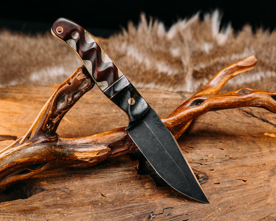 Crow Jr (Compound Grind)- Black Burlap Micarta, Black G10 and Copper Pin Striping, Black Burlap Micarta Split, Snakewood Over Buckeye Burl, Mosaic Pins, Copper Lanyard Pin, Textured Grip
