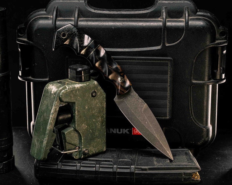 4" HUMINT- Black and White Ebony, Black G10 and Brass Pin Striping, Black Burlap Micarta Split, Black Burlap Micarta, Mosaic Pin, Brass Lanyard Pin, Textured Grip