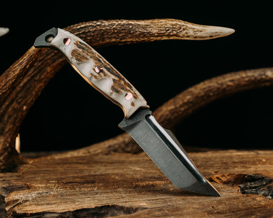 One-Off- Moose Antler, Carved Arrow Spine, Copper Feather Inlayed Spine, Cherry G10 Liner, Copper Pins, Natural/Textured Grip
