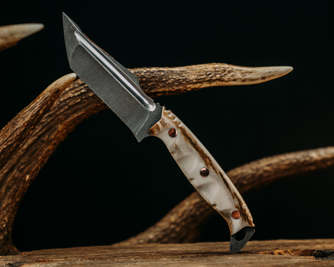One-Off- Moose Antler, Carved Arrow Spine, Copper Feather Inlayed Spine, Cherry G10 Liner, Copper Pins, Natural/Textured Grip