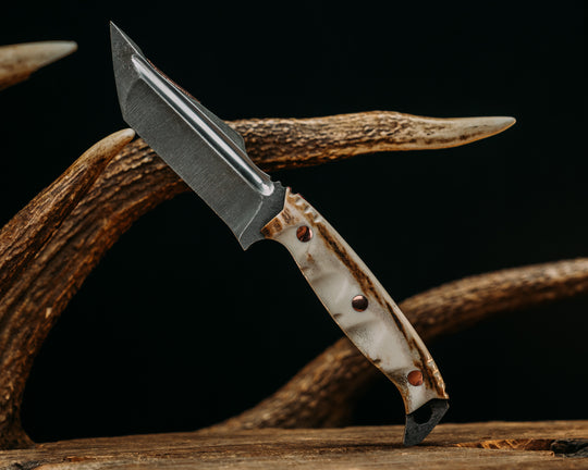 One-Off- Moose Antler, Carved Arrow Spine, Copper Feather Inlayed Spine, Cherry G10 Liner, Copper Pins, Natural/Textured Grip