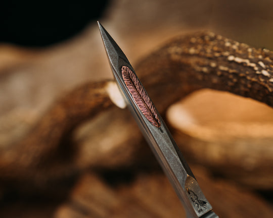 One-Off- Moose Antler, Carved Arrow Spine, Copper Feather Inlayed Spine, Cherry G10 Liner, Copper Pins, Natural/Textured Grip