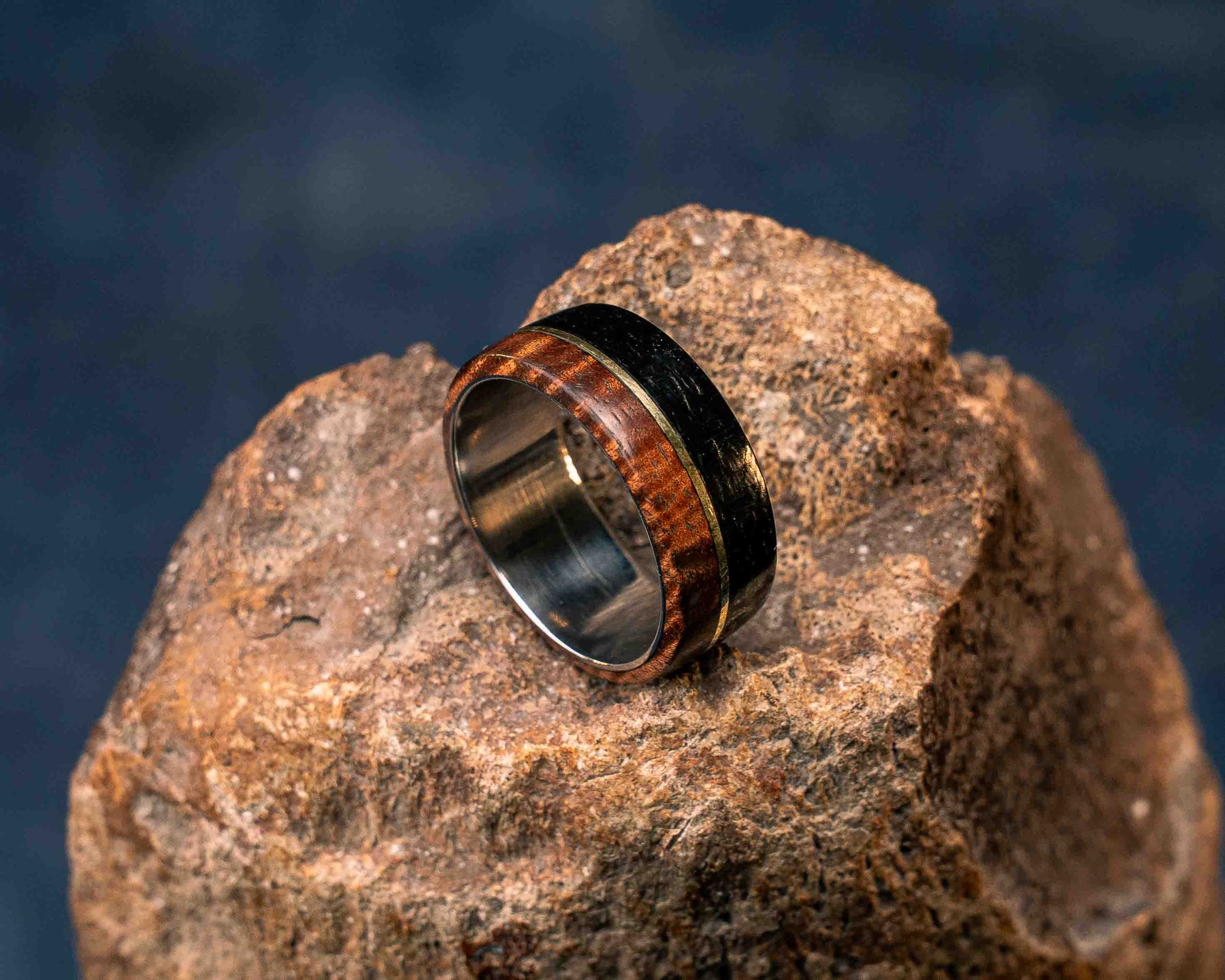 Ring (SZ 11.5) - Black Burlap Micarta, Brass Split and Hawaiian Curly ...