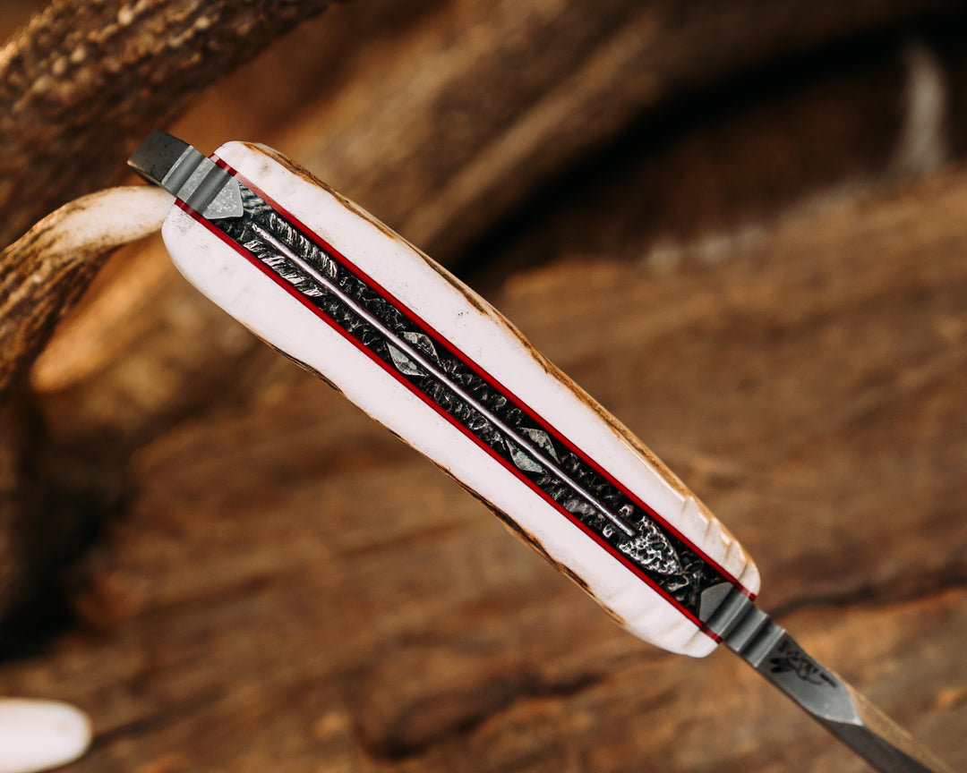 One-Off- Moose Antler, Carved Arrow Spine, Copper Feather Inlayed Spine, Cherry G10 Liner, Copper Pins, Natural/Textured Grip