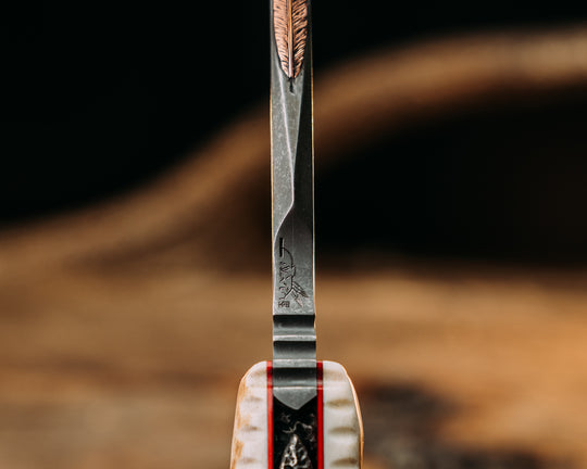 One-Off- Moose Antler, Carved Arrow Spine, Copper Feather Inlayed Spine, Cherry G10 Liner, Copper Pins, Natural/Textured Grip