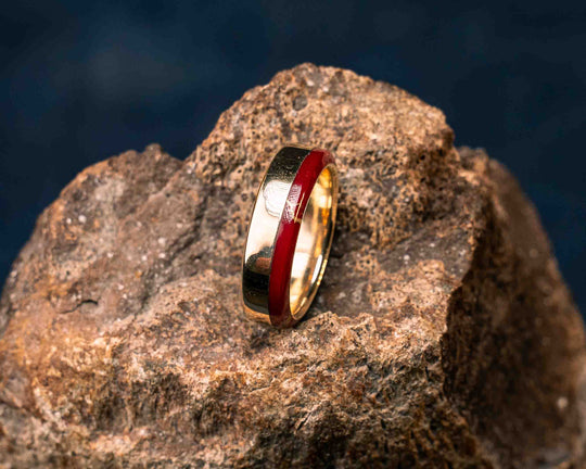Ring (SZ 7.25) - 14K Solid Gold and Red with Gold Web Tru-stone