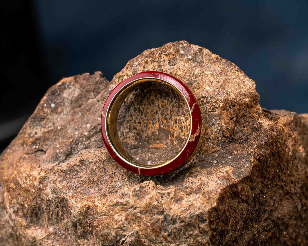 Ring (SZ 7.25) - 14K Solid Gold and Red with Gold Web Tru-stone