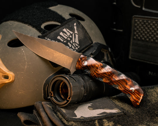 Tosahwi- Hawaiian Curly Koa Over Black and Blue Carbon with Aluminum, Copper Patriot Pins, Textured Grip