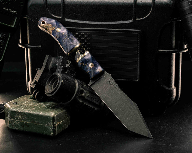Modified Crow Scout- Dyed Buckey Burl, Black G10 and Brass Pin Striping, Black with Gold Web Tru-stone Split, Mosaic Pins, Copper Lanyard Pin, Textured Grip