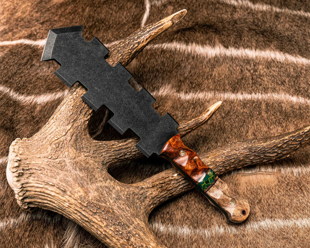 Mini Macuahuitl- Amboyna Burl, Black G10 and Copper Pin Striping, Arizona Jade Tru-stone Split, Mesquite, Mosaic Pins, Copper Lanyard Pin, Textured Grip