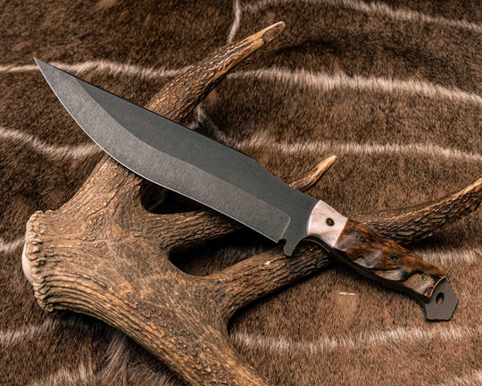 American Bowie- Elk Antler, Natural Canvas Micarta Split, Hawaiian Curly Mango, Mosaic Pins, Textured Grip