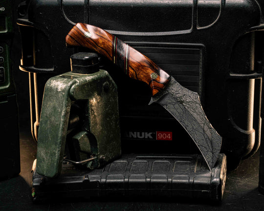 Vulture- Desert Ironwood, Black G10, Cherry G10 and Brass Pin Striping, Red Dark Matter Carbon Split, Mosaic Pins, Textured Grip
