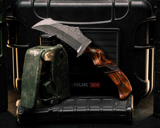 Vulture- Desert Ironwood, Black G10, Cherry G10 and Brass Pin Striping, Red Dark Matter Carbon Split, Mosaic Pins, Textured Grip
