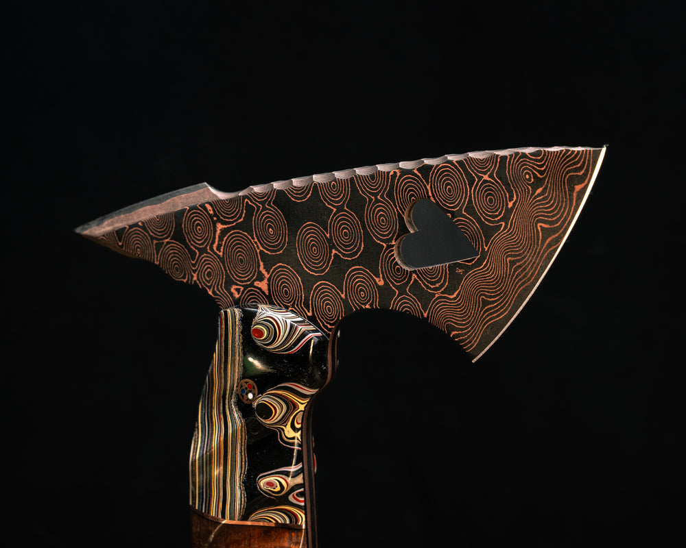 Bleeding Heart Hawk- Baker Forge Raindrop CopperMai- Fordite, Copper Split, Hawaiian Curly Koa, Copper PAtriot Mosaic Pins, Textured Grip