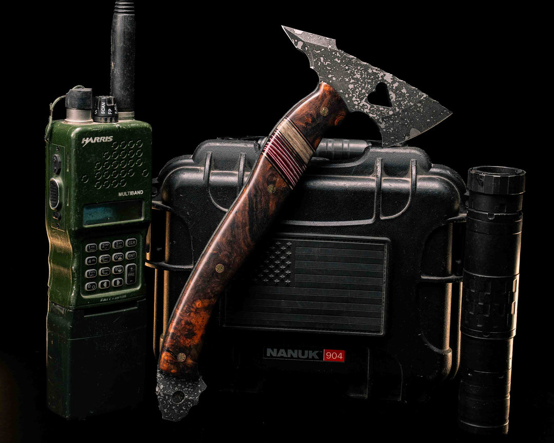 Bleeding Heart Hawk- Desert Ironwood, Black G10 and Copper Pin Striping, Navy S.E.A.L AOR1 Cammie Micarta and American Flag  Micarta Split, Mosaic Pins, Smooth Grip