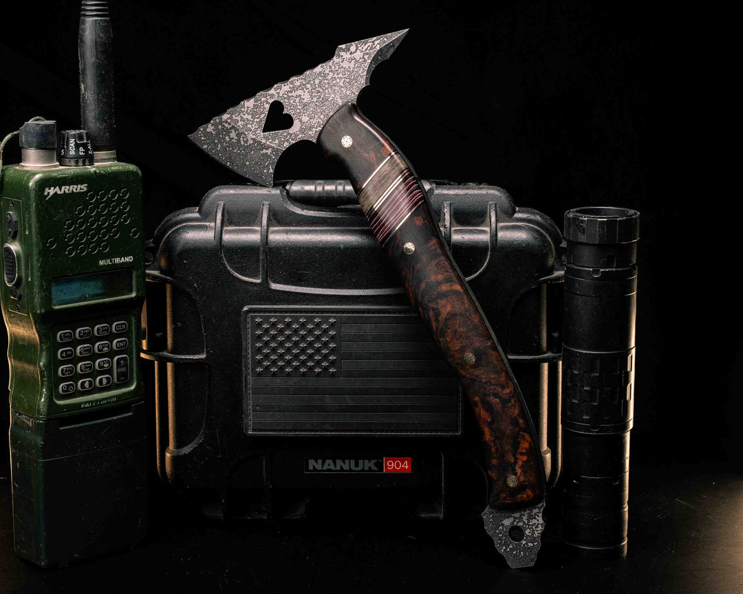 Bleeding Heart Hawk- Desert Ironwood, Black G10 and Copper Pin Striping, Navy S.E.A.L AOR1 Cammie Micarta and American Flag  Micarta Split, Mosaic Pins, Smooth Grip