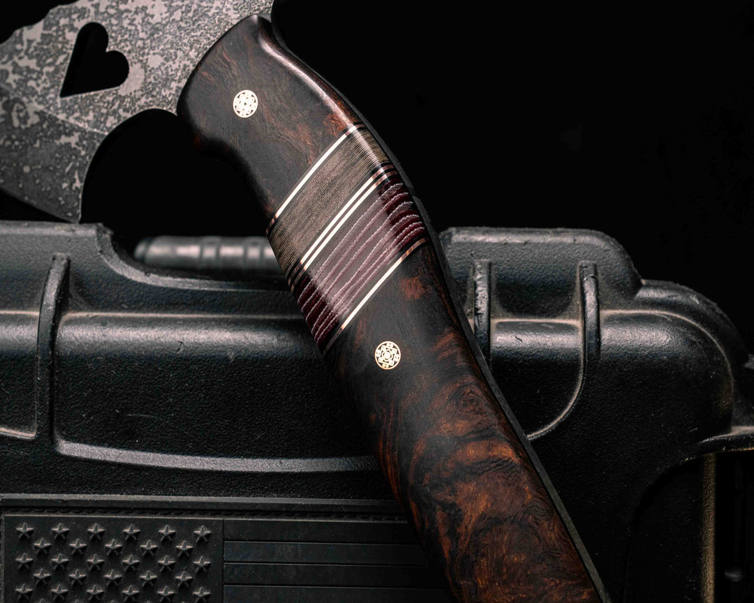 Bleeding Heart Hawk- Desert Ironwood, Black G10 and Copper Pin Striping, Navy S.E.A.L AOR1 Cammie Micarta and American Flag  Micarta Split, Mosaic Pins, Smooth Grip