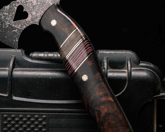 Bleeding Heart Hawk- Desert Ironwood, Black G10 and Copper Pin Striping, Navy S.E.A.L AOR1 Cammie Micarta and American Flag  Micarta Split, Mosaic Pins, Smooth Grip