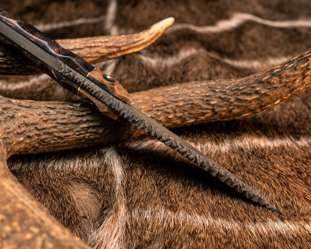 Crow Pre-Jay- Giant Irish Elk Antler, Brass Split, Hawaiian Curly Koa, Patriot Mosaic Pins, Textured Grip