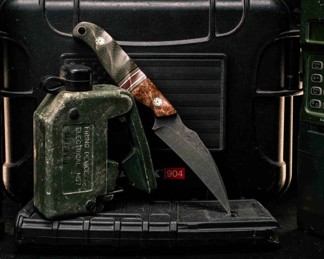 Gula Gula- Black Ash Burl, Black G10 and Copper Pin Striping, OD Green G10 and Brown Canvas Micarta Split, OD Green Canvas Micarta, Mosaic Pins, Brass Lanyard Pin, Textured Grip