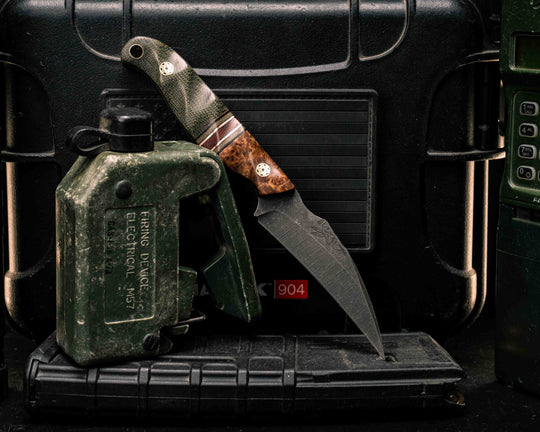 Gula Gula- Black Ash Burl, Black G10 and Copper Pin Striping, OD Green G10 and Brown Canvas Micarta Split, OD Green Canvas Micarta, Mosaic Pins, Brass Lanyard Pin, Textured Grip