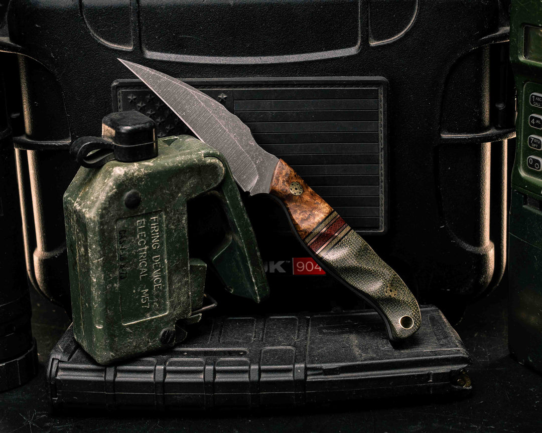 Gula Gula- Black Ash Burl, Black G10 and Copper Pin Striping, OD Green G10 and Brown Canvas Micarta Split, OD Green Canvas Micarta, Mosaic Pins, Brass Lanyard Pin, Textured Grip