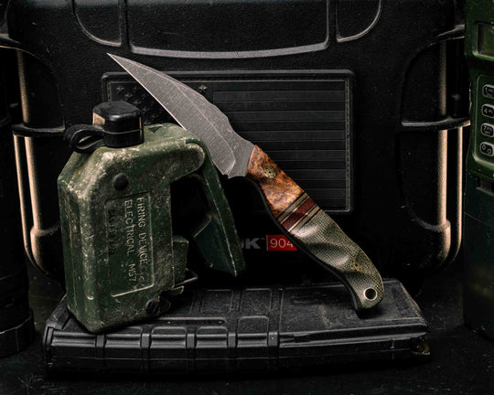 Gula Gula- Black Ash Burl, Black G10 and Copper Pin Striping, OD Green G10 and Brown Canvas Micarta Split, OD Green Canvas Micarta, Mosaic Pins, Brass Lanyard Pin, Textured Grip