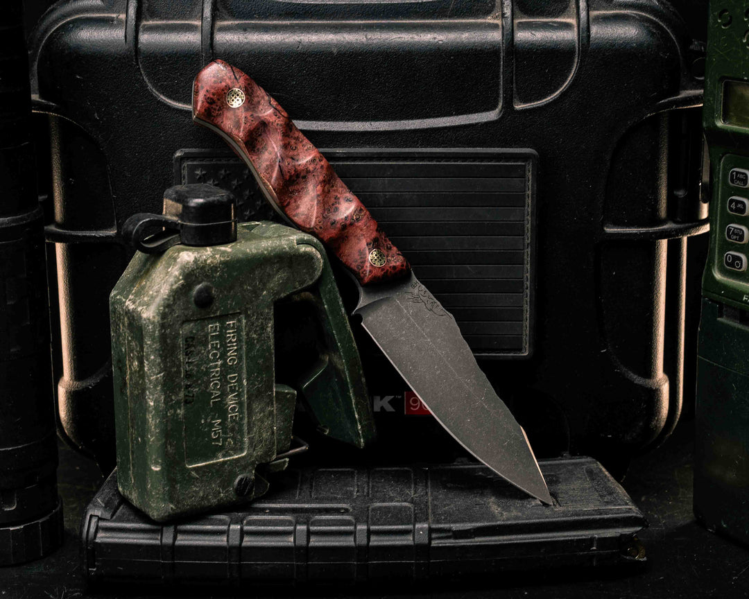 Field Knife Jr - Dyed Black Ash Burl, Mosaic Pins, Textured Grip
