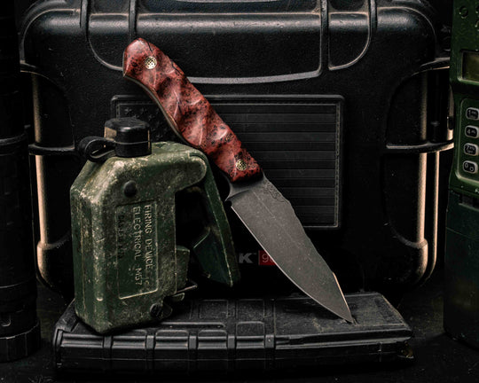 Field Knife Jr - Dyed Black Ash Burl, Mosaic Pins, Textured Grip
