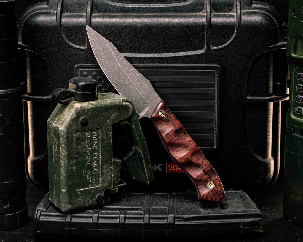 Field Knife Jr - Dyed Black Ash Burl, Mosaic Pins, Textured Grip