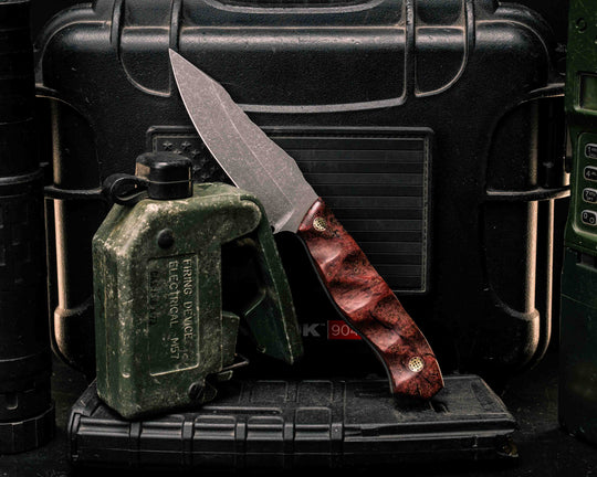 Field Knife Jr - Dyed Black Ash Burl, Mosaic Pins, Textured Grip