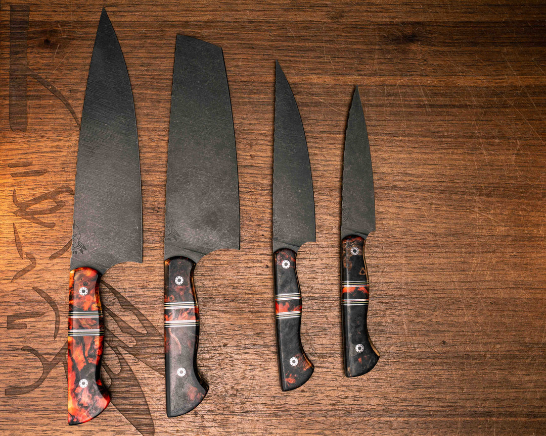 Chef Set - Dyed Maple, Black G10, Aluminum, Yellow G10 and Orange G10 Pin Striping, Dyed Maple Split, Mosaic Pins, Smooth Grip