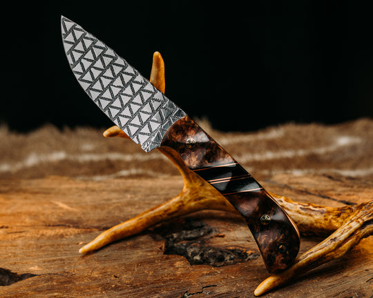 Cavner- Mahogany, Black G10 & Copper Pin Striping, Black Canvas Micarta Splits, Mosaic Pins, CF Lanyard Pin, Textured Grip.