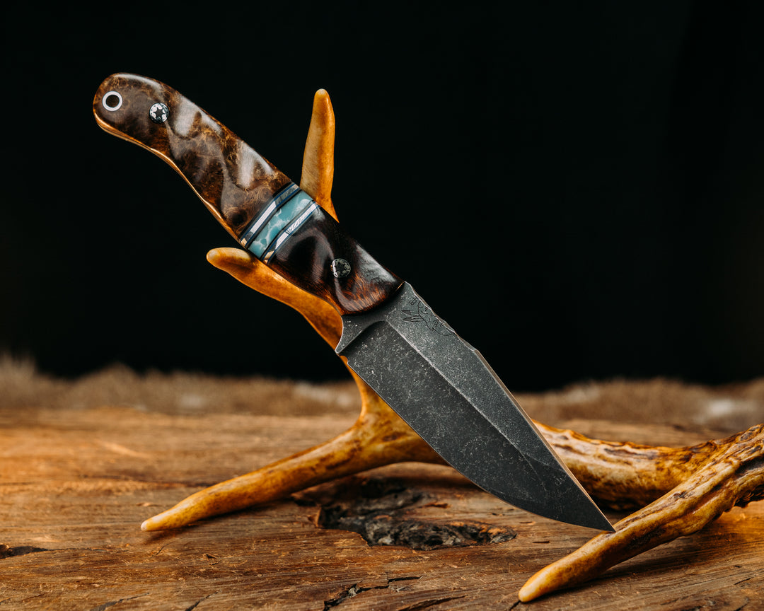 Crow Jr (Compound Grind)- Desert Ironwood, Black & Blue G10 w/ Aluminum pin striping, Larimar Tru Stone Split, Black Ash, Mosaic Pins, Textured Grip.
