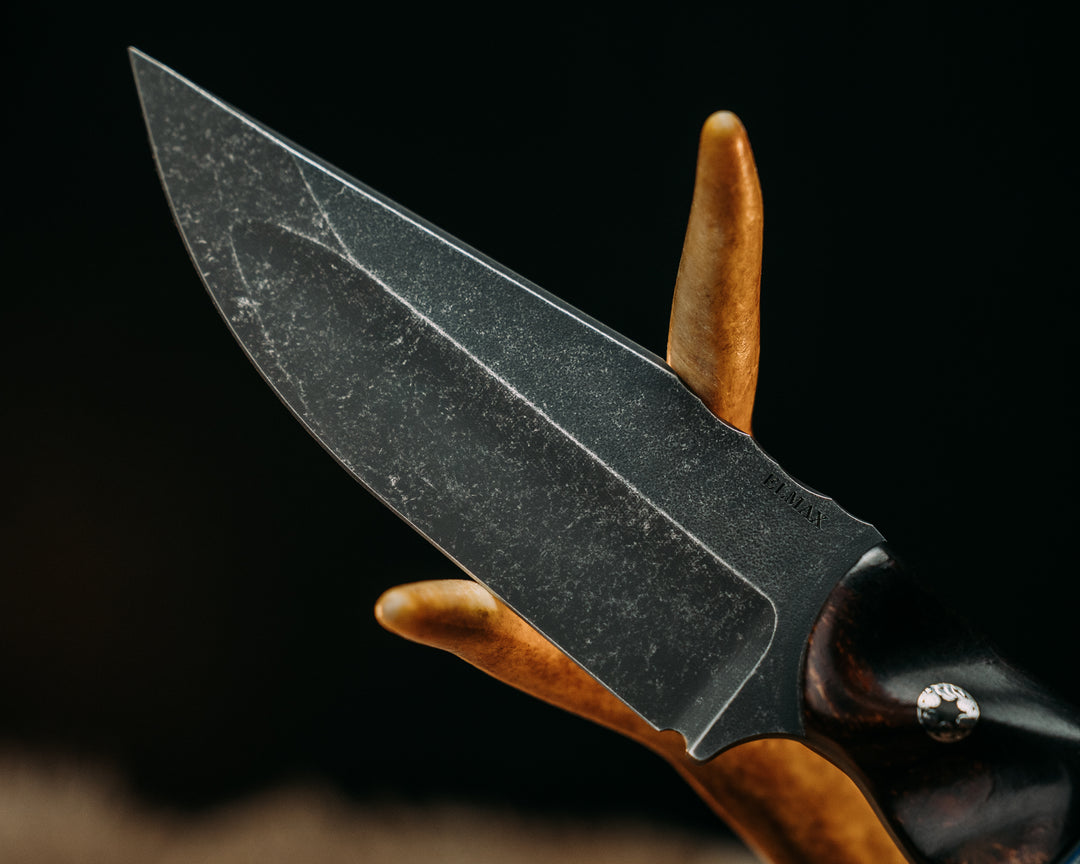 Crow Jr (Compound Grind)- Desert Ironwood, Black & Blue G10 w/ Aluminum pin striping, Larimar Tru Stone Split, Black Ash, Mosaic Pins, Textured Grip.