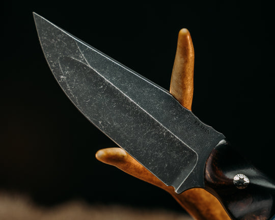Crow Jr (Compound Grind)- Desert Ironwood, Black & Blue G10 w/ Aluminum pin striping, Larimar Tru Stone Split, Black Ash, Mosaic Pins, Textured Grip.