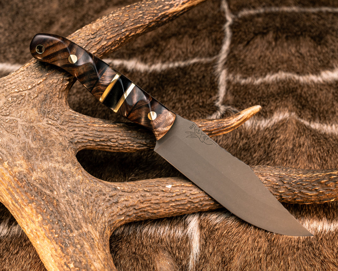 Crow Scout- Hawaiian Curly Koa, Black G10 and OD Green G10 Pin Striping, Hawaiian Curly Koa and  Bison Horn Split, Brass Pins, Brass Lanyard Pin, Textured Grip
