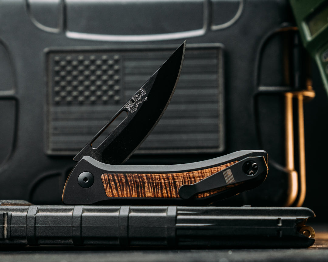 Custom Kwaiken Folder - Hawaiian Curly Koa, Anodized Black Handle, Black Nitride Blade, Textured Grip, Deep Carry Pocket Clip