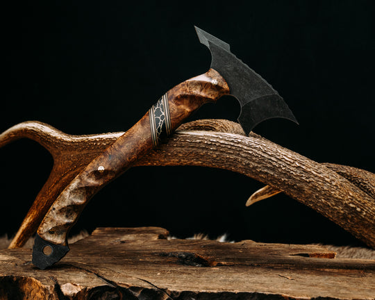 Crescent Hawk- Chechen Caribbean Rosewood, Black G10, Coyote G10 and Brass Pin Striping, Black with Gold Web Tru-stone Split, Mosaic Pins, Textured Grip