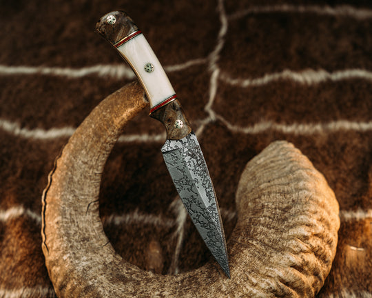 Prometheus - Curly Maple, Black G10 & Brass w/ Fire Canvas Micarta Pin Striping, Giraffe Bone Split, Mosaic Pins, Contoured Grip.