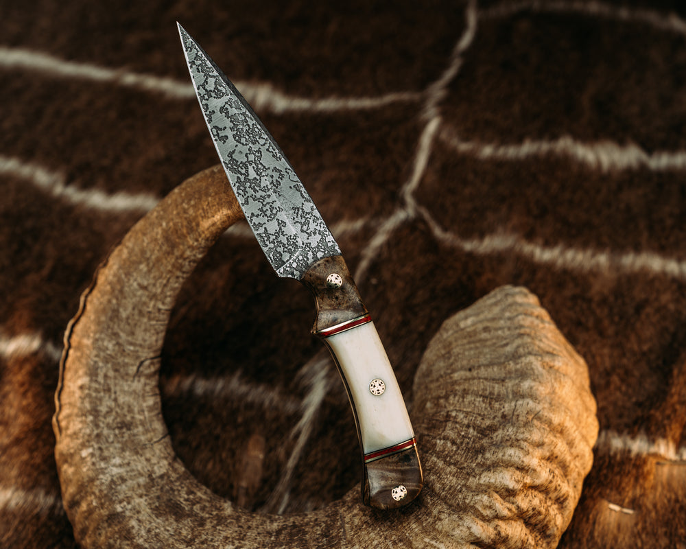 Prometheus - Curly Maple, Black G10 & Brass w/ Fire Canvas Micarta Pin Striping, Giraffe Bone Split, Mosaic Pins, Contoured Grip.