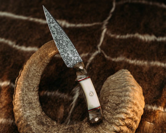 Prometheus - Curly Maple, Black G10 & Brass w/ Fire Canvas Micarta Pin Striping, Giraffe Bone Split, Mosaic Pins, Contoured Grip.